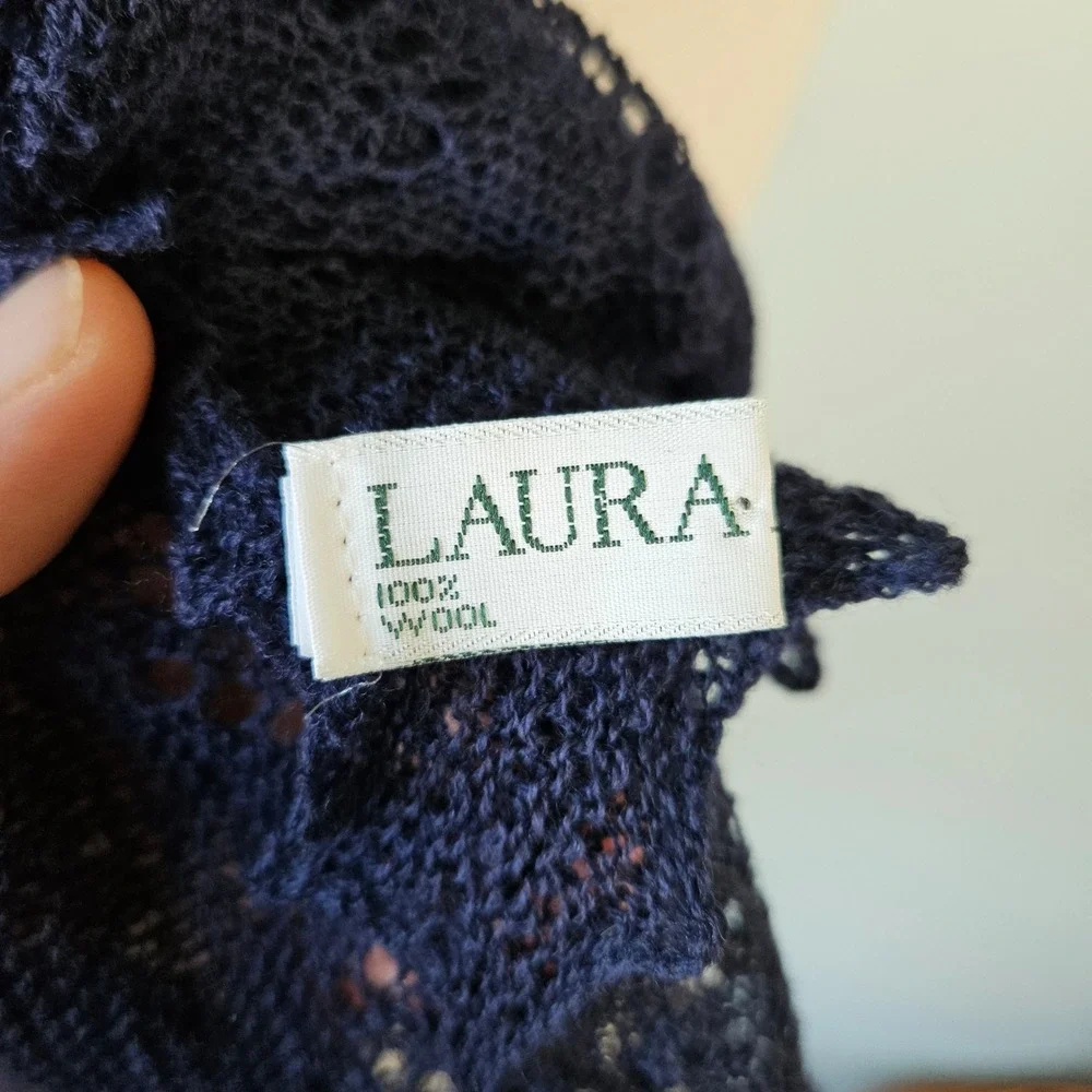 Laura Ashley Vintage 90s Navy 100% Wool Lace Knit Square Shawl Scarf Made in UK